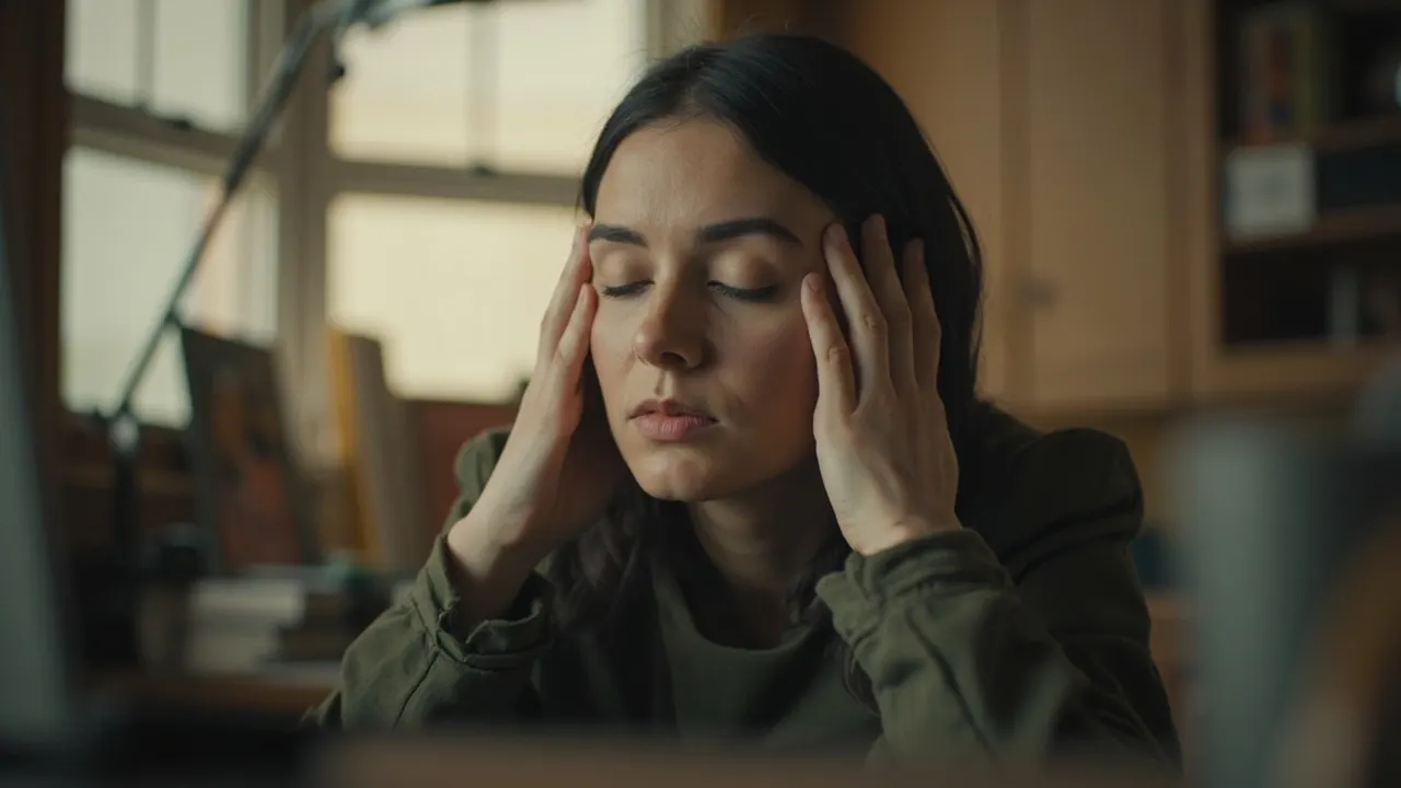 Persona con los ojos cerrados presionándose las sienes con las manos, sentada en un escritorio