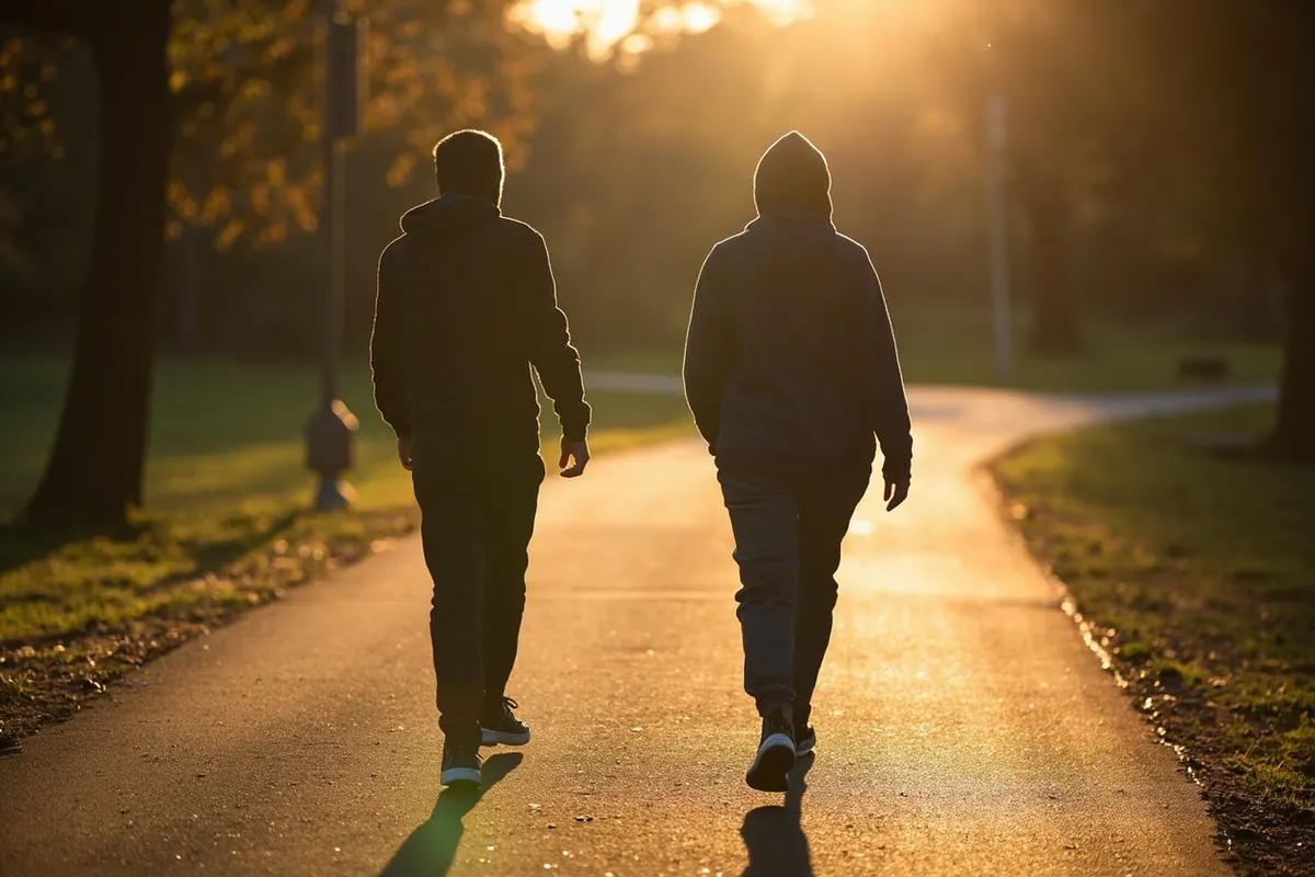 Persona caminando por un parque a primera hora, con luz cálida