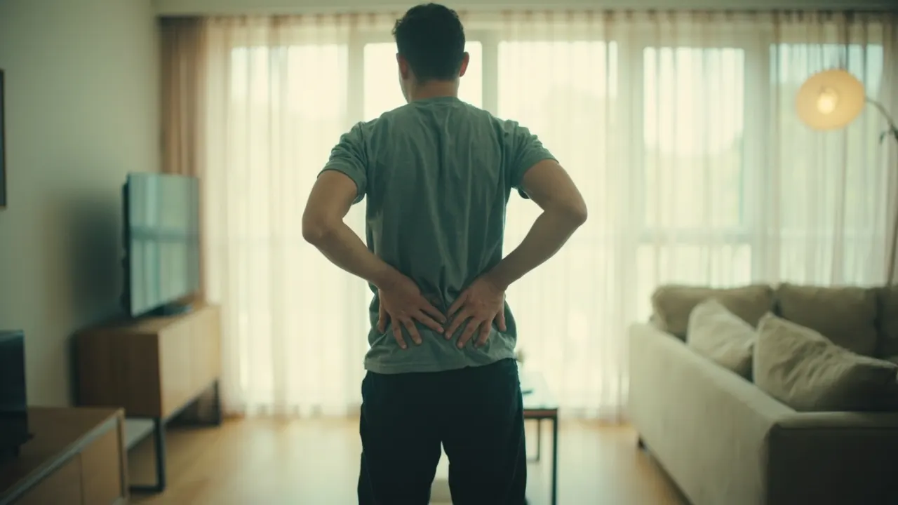 Persona estirando la zona lumbar en una sala luminosa
