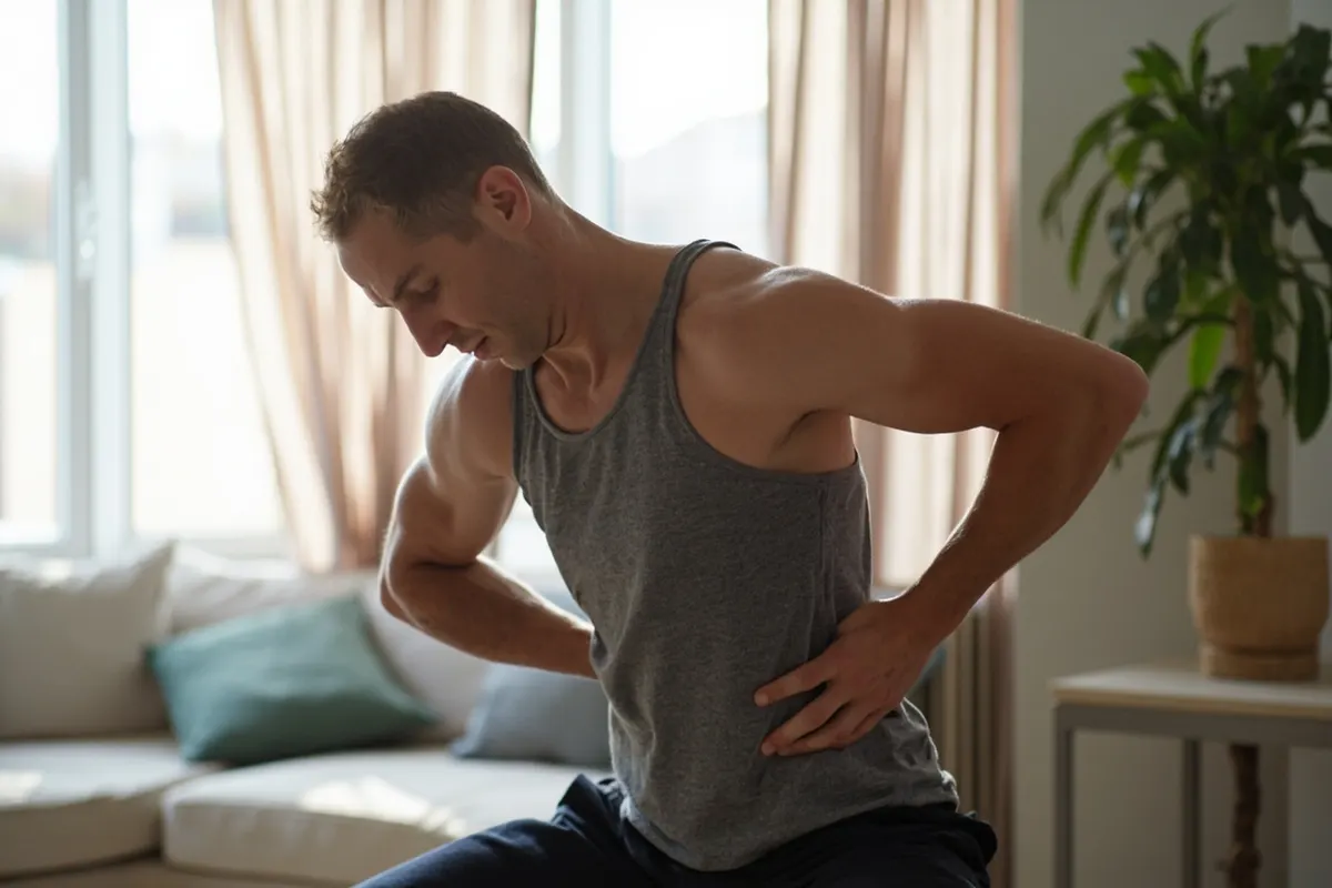 Adulto realizando ejercicios suaves para la zona lumbar en casa