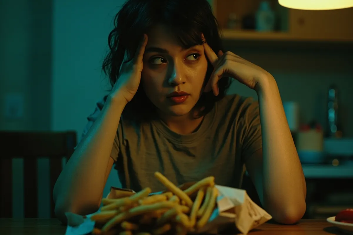 Persona cansada comiendo comida rápida de noche