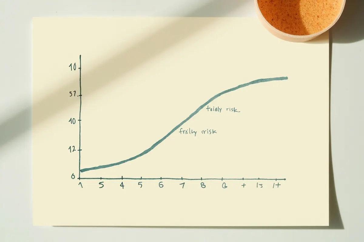Curva en U que muestra el riesgo de fragilidad según las horas de sueño, con el mínimo entre las 7 y las 8 horas