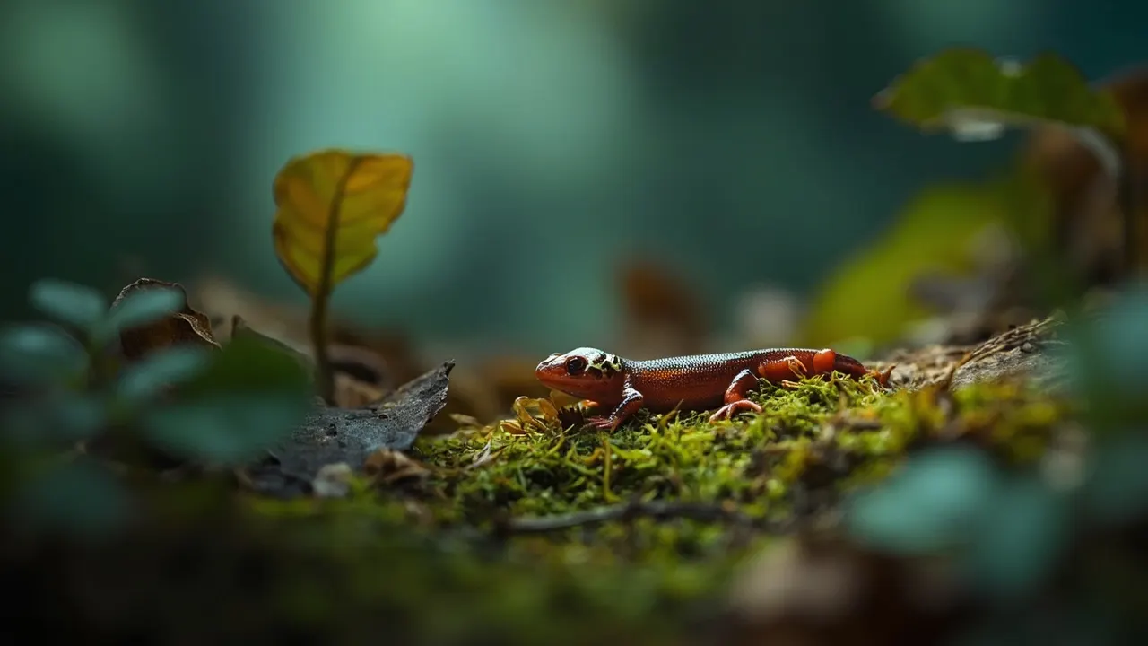 Pequeña salamandra sobre musgo húmedo en el suelo de un bosque.