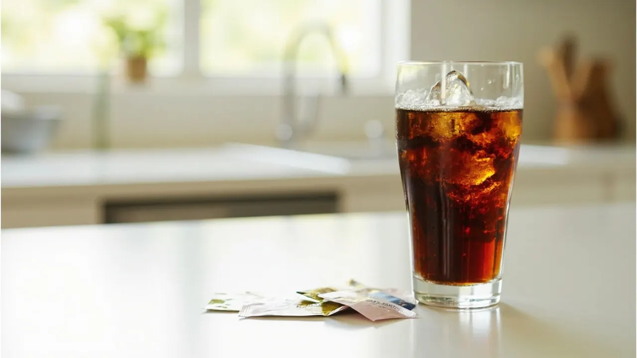 Sobres de edulcorante sin calorías junto a un refresco light sobre una encimera