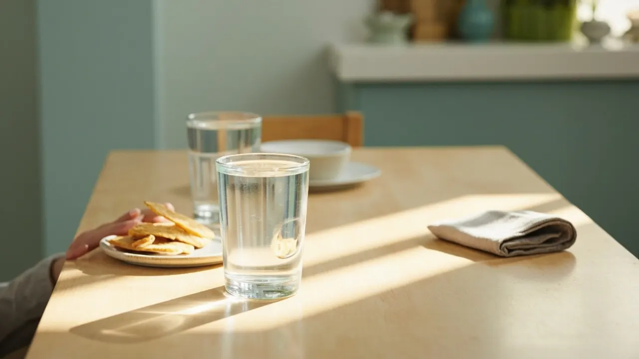 Mesa de madera clara con un vaso de agua y unas galletas saladas sobre un plato, luz de mañana.