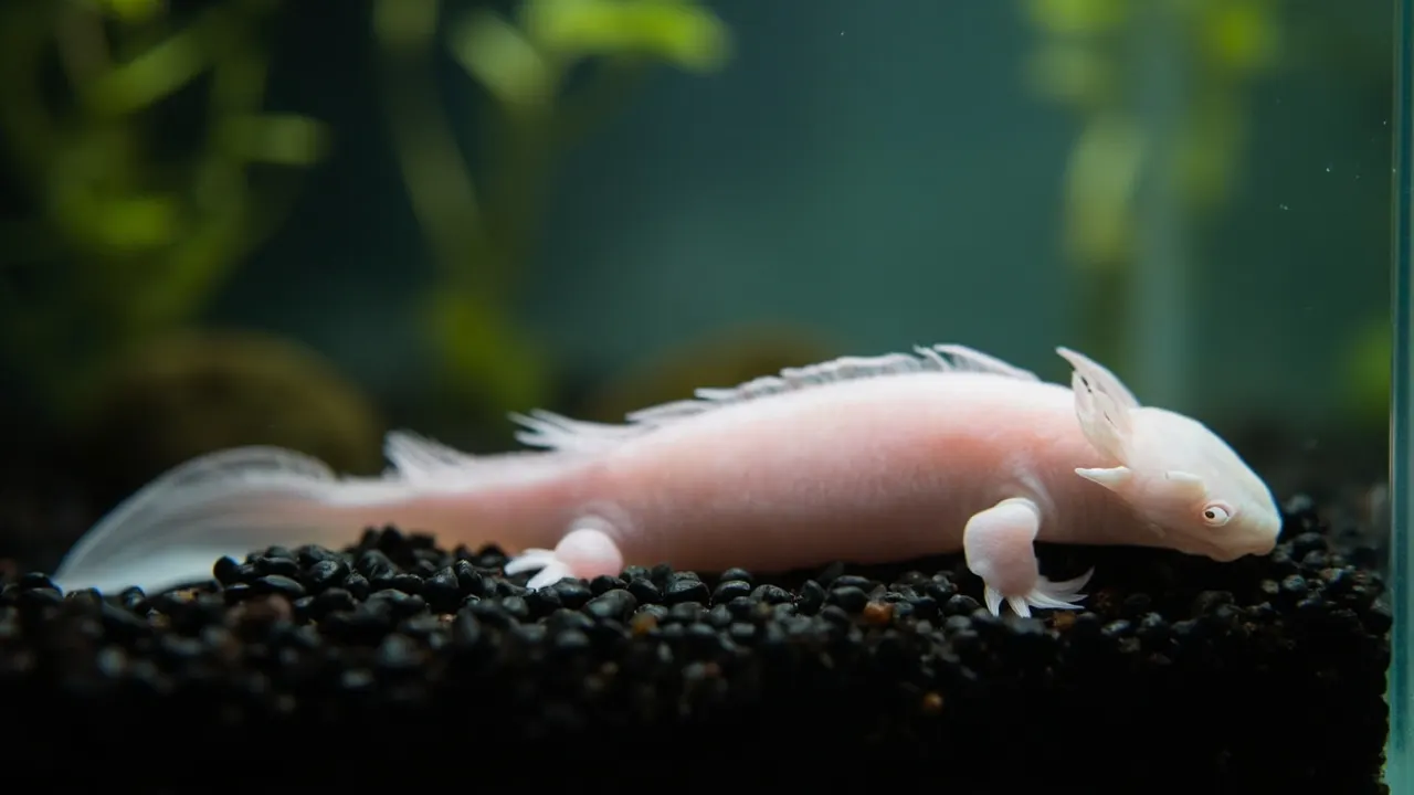 Ajolote rosa pálido apoyado sobre grava oscura dentro de un acuario de cristal limpio, con plantas acuáticas desenfocadas al fondo.