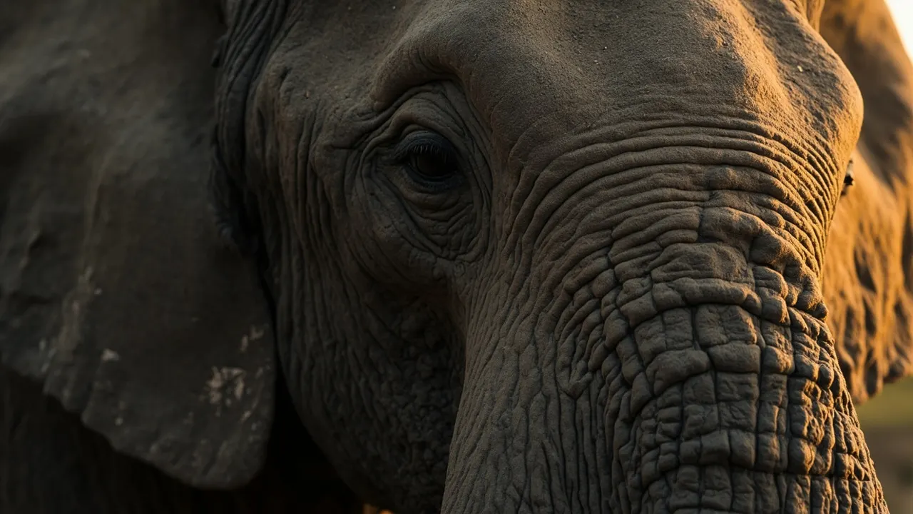 Primer plano de la piel arrugada de un elefante, con pliegues profundos iluminados por luz dorada.