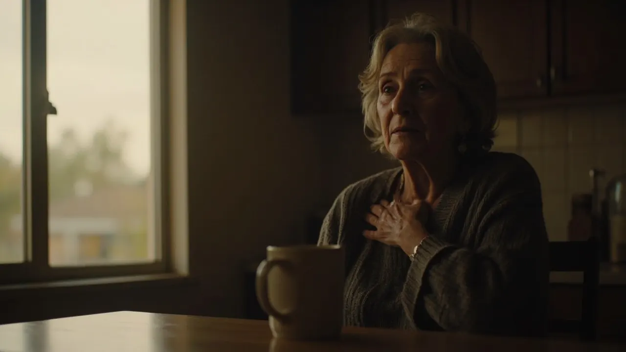 Mujer sola en la cocina al amanecer, con la mano apoyada sobre el pecho y luz tenue.