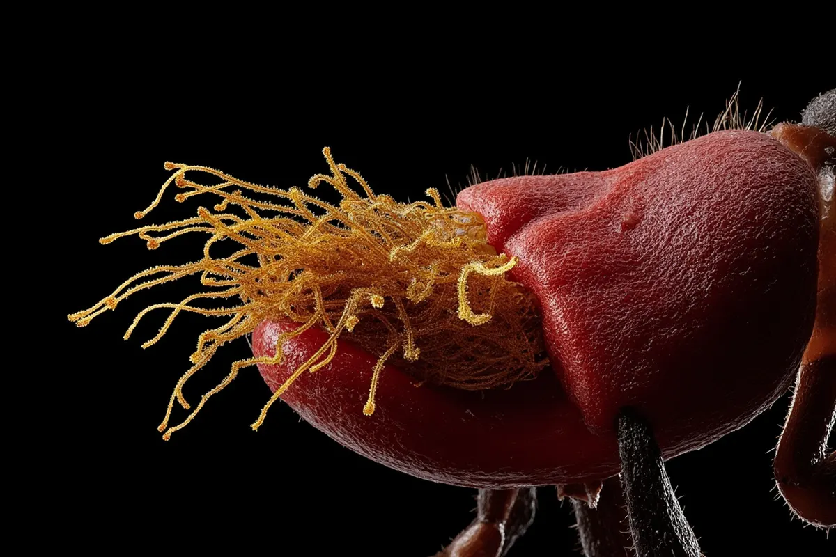 Hifas del hongo Ophiocordyceps unilateralis entre las fibras musculares de la mandíbula de una hormiga carpintera.