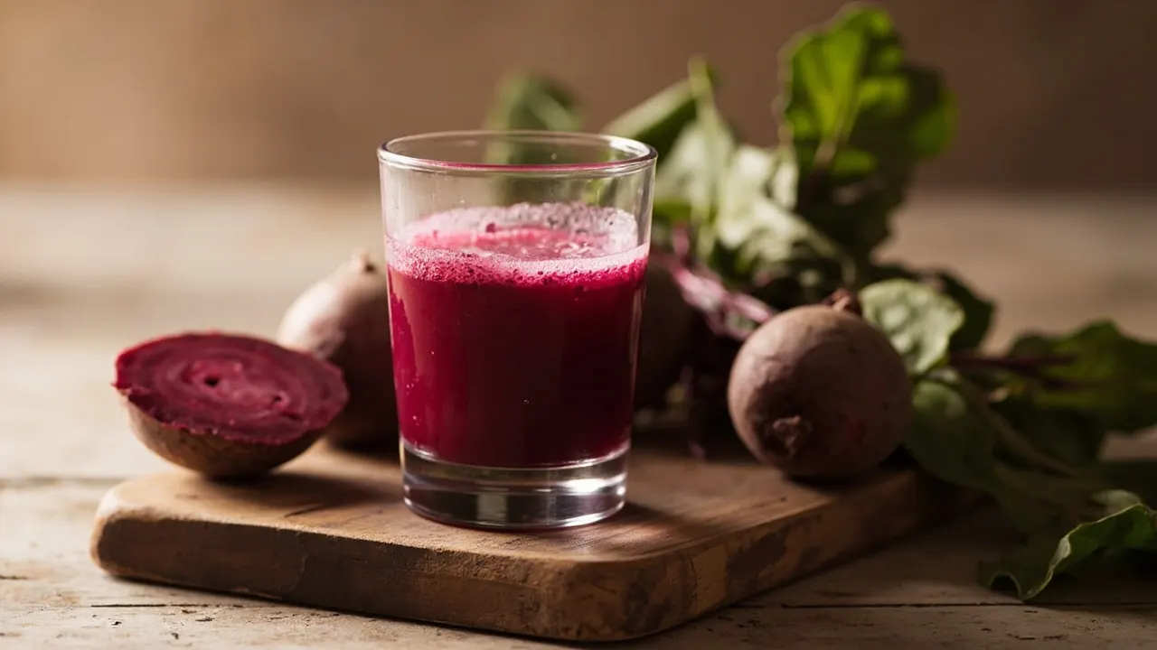 Vaso de jugo de remolacha de color magenta intenso junto a remolachas frescas cortadas sobre tabla de madera.