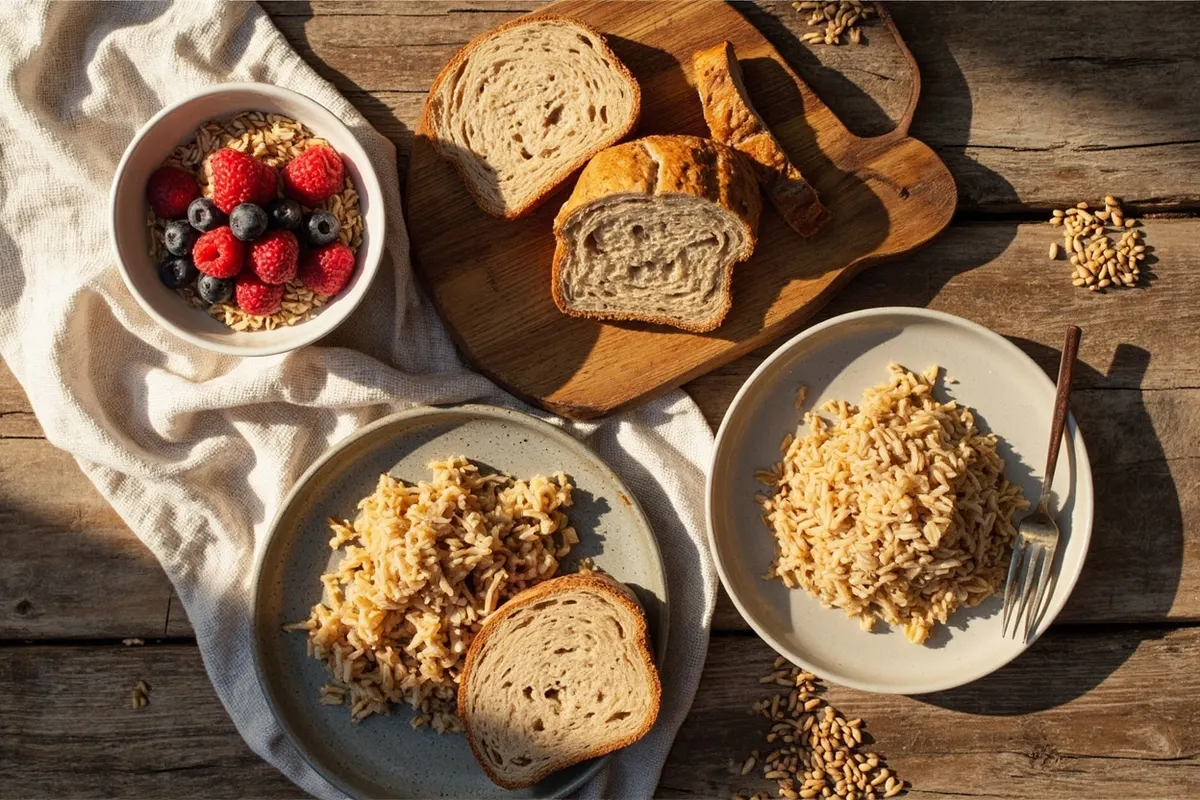 Composición cenital con un bol de avena, pan integral, arroz integral cocido y granos sueltos sobre madera, con luz cálida.