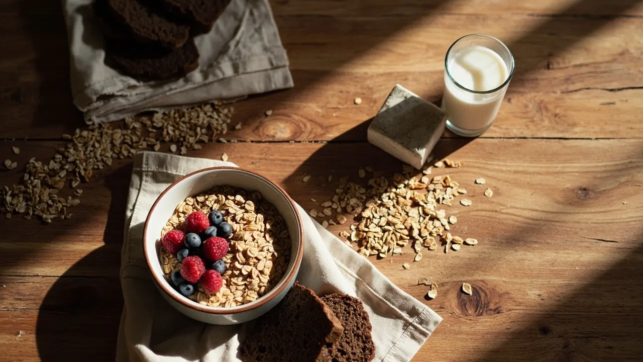 Mesa de desayuno con cuenco de avena, bayas frescas y pan integral sobre madera iluminada con luz natural.