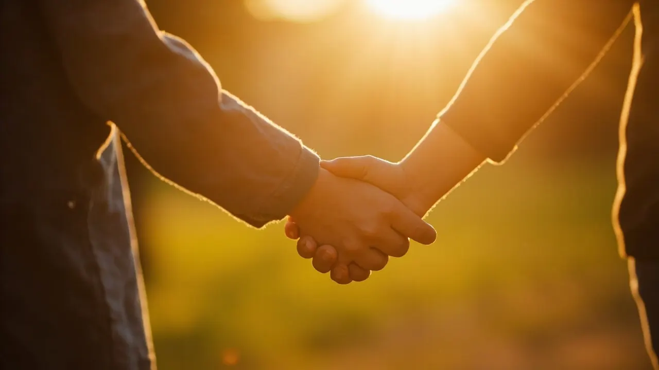 Manos entrelazadas de un adulto y un niño caminando juntos al atardecer.