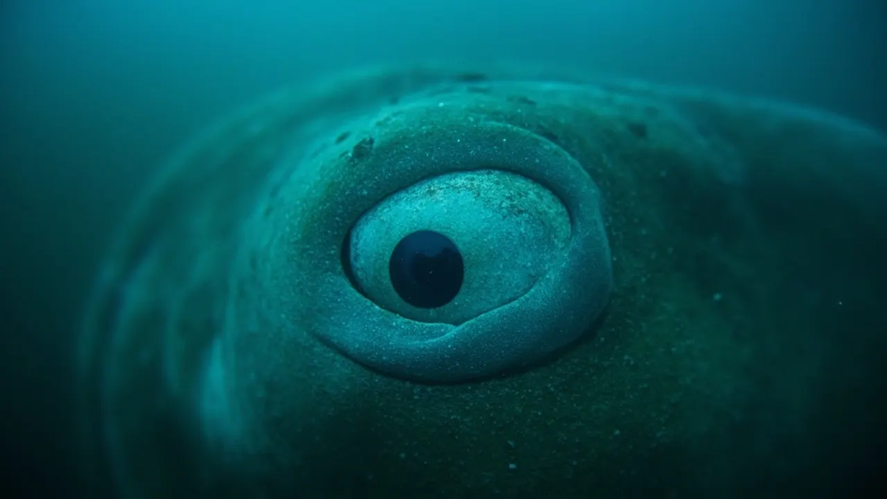 Ojo pálido de un tiburón de Groenlandia en agua oscura del Ártico, con piel moteada gris y pequeños parásitos blancos, iluminado por luz azul tenue.