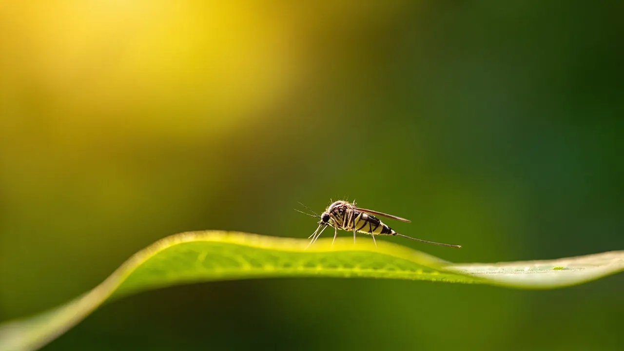 Mosquito Culex posado sobre una hoja verde en primer plano, con luz cálida de atardecer y fondo desenfocado.