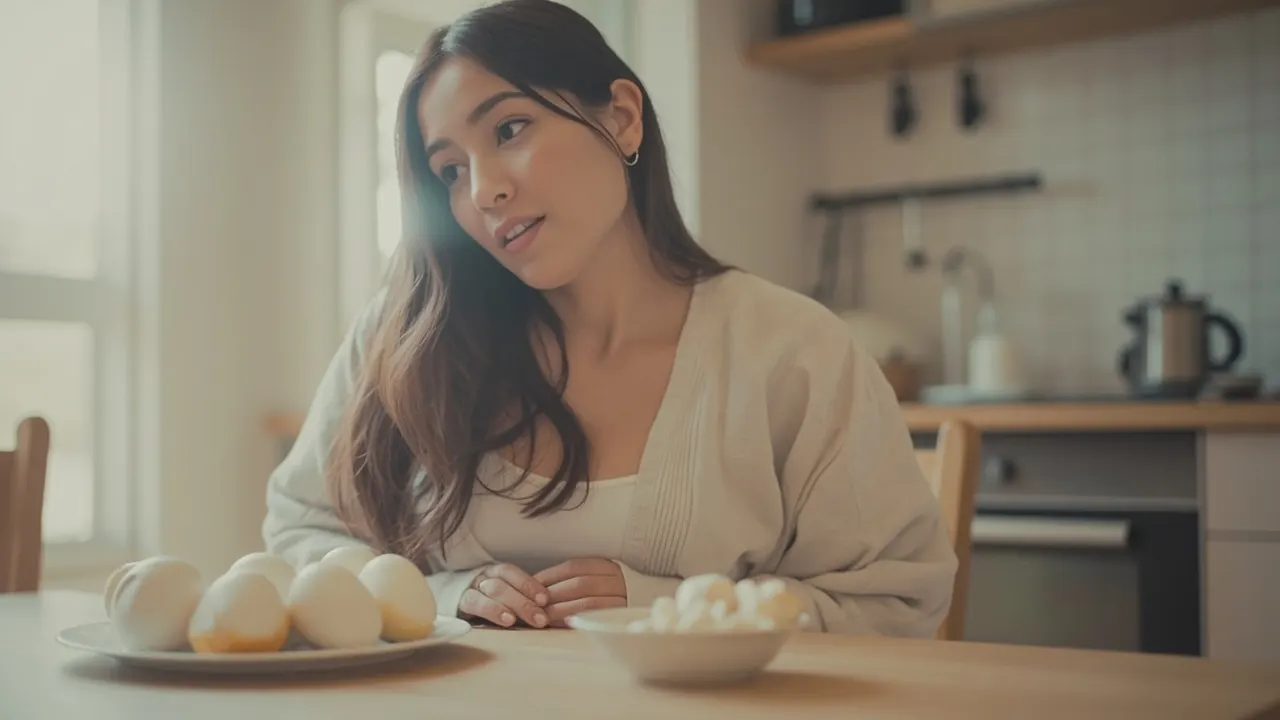 Mujer embarazada en la mesa con un plato de huevos y cacahuetes
