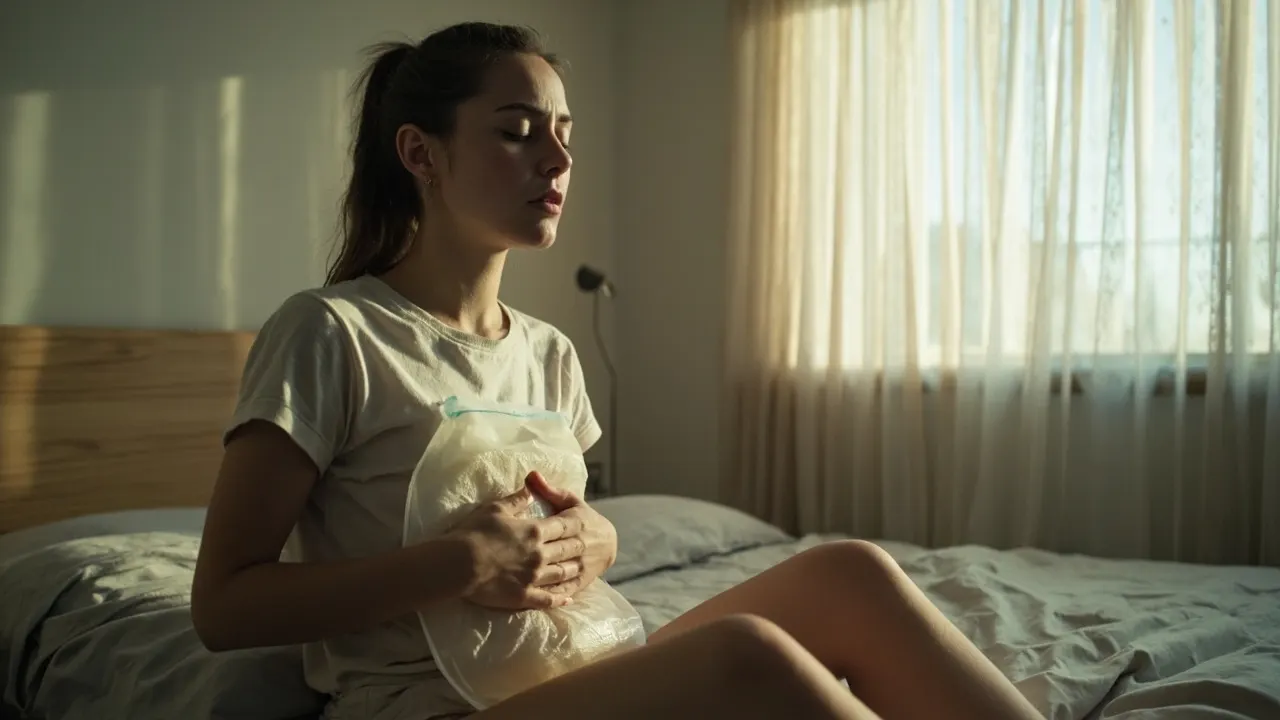 Mujer joven sentada en el borde de la cama con una bolsa térmica sobre el bajo vientre, en una habitación con luz suave de mañana.