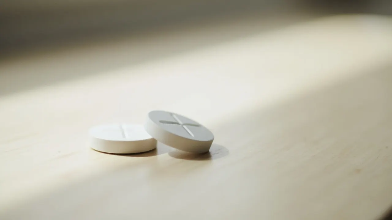 Dos pastillas blancas sobre una mesa de madera clara, una ligeramente desplazada de la otra.