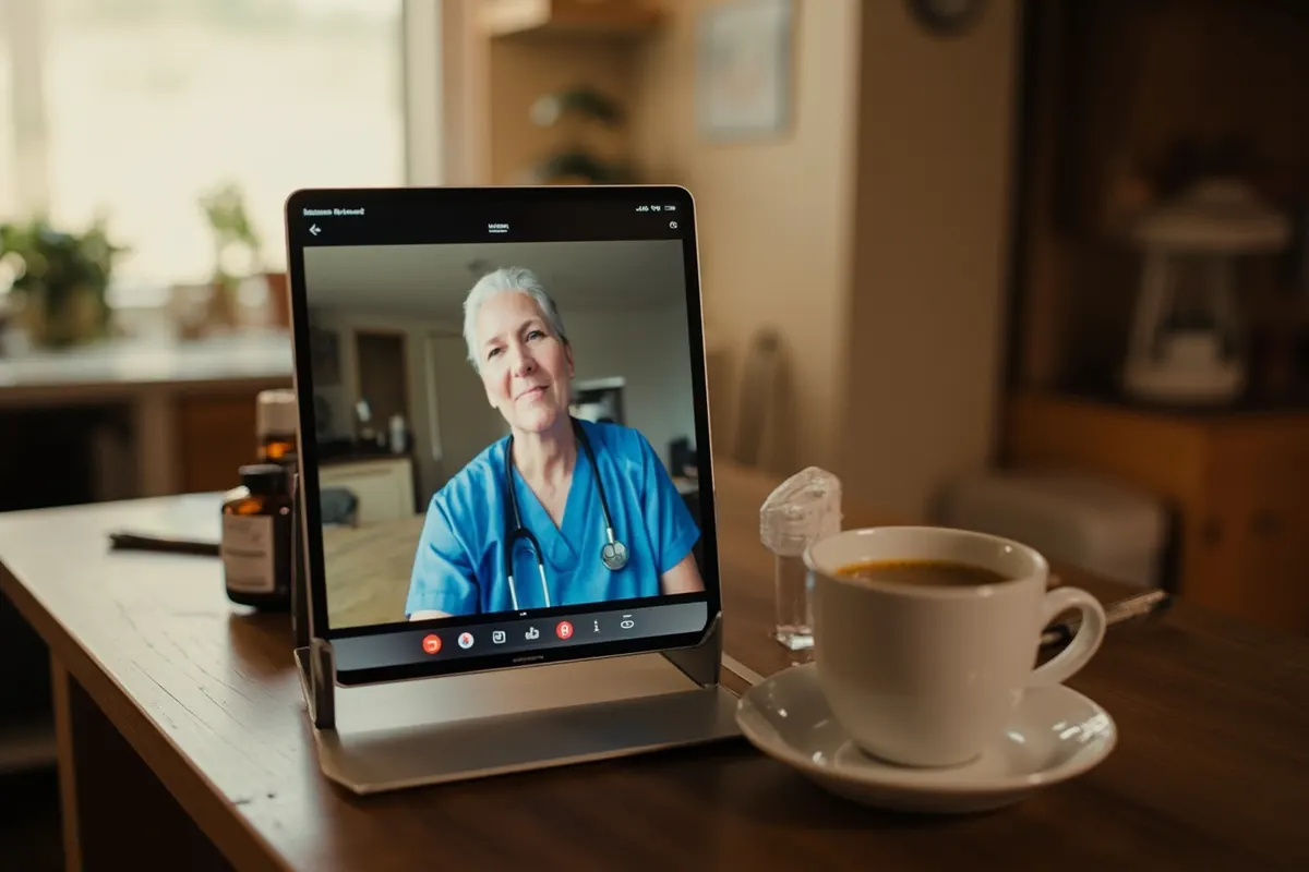 Tablet sobre una mesa de cocina rural con una videollamada de telemedicina abierta junto a una libreta y un frasco de pastillas.