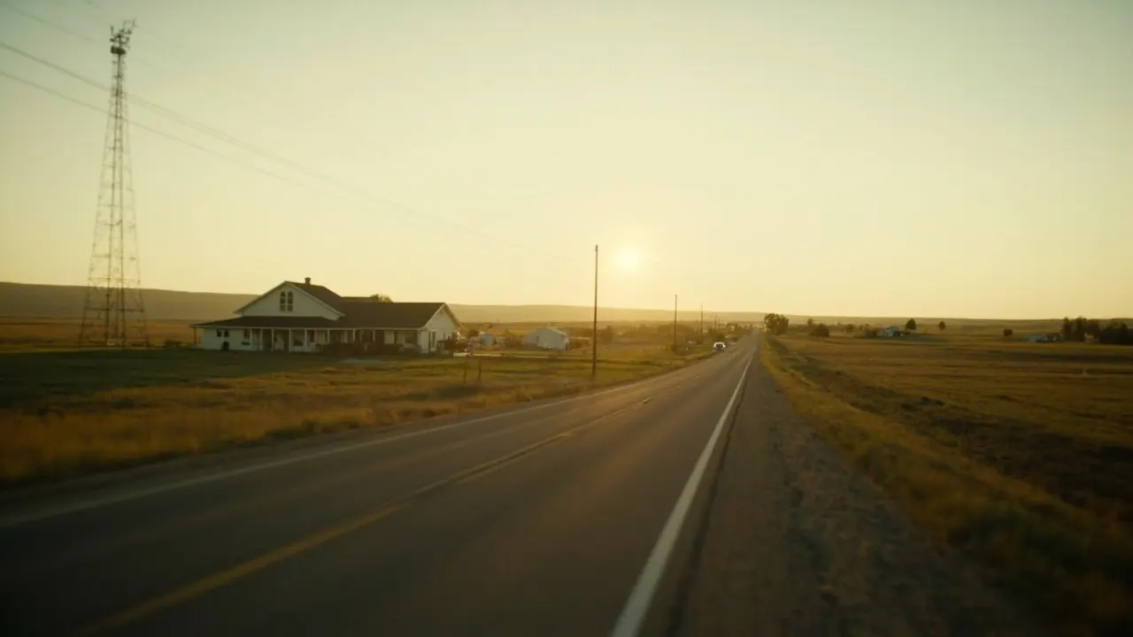 Carretera rural al atardecer con una pequeña clínica de barrio blanco al fondo, rodeada de campos abiertos.