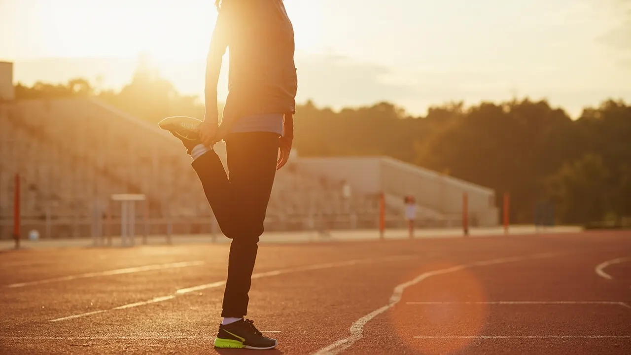 Persona estirando la pierna en una pista deportiva al aire libre