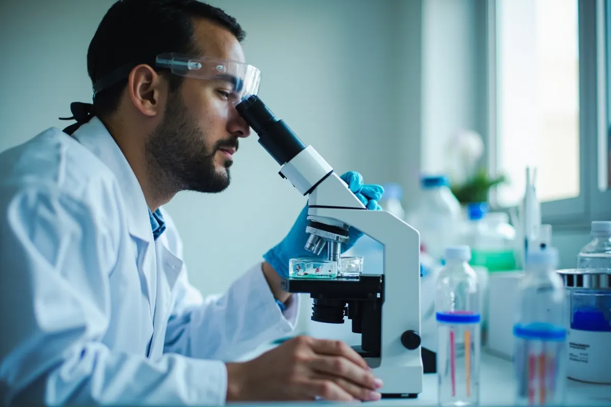 Investigadora observa muestras al microscopio en un laboratorio