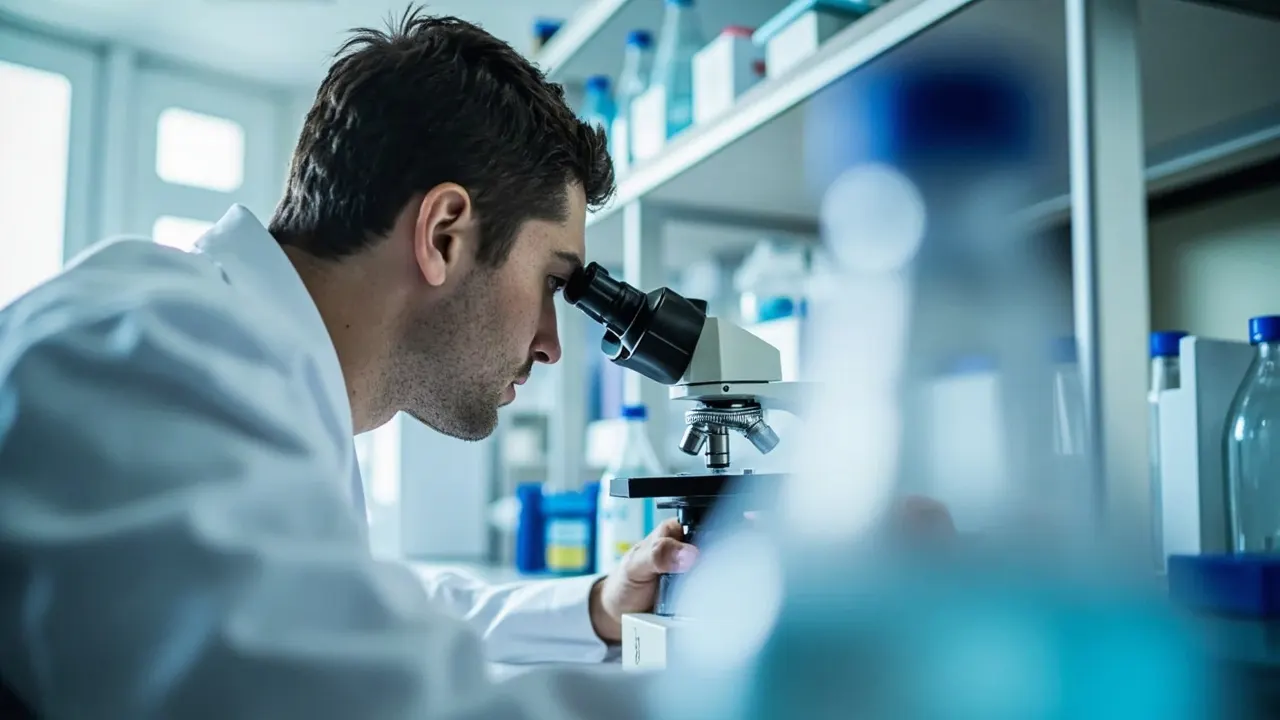 Científica en bata blanca analiza muestras al microscopio en un laboratorio