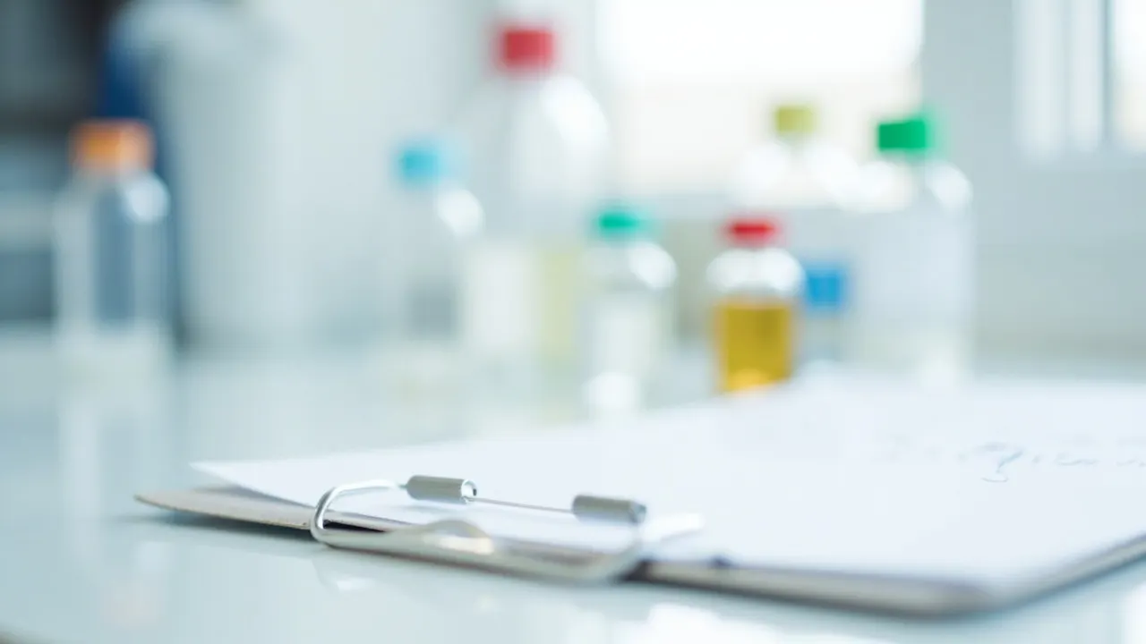 Viales de cristal y una carpeta con notas sobre una mesa de laboratorio