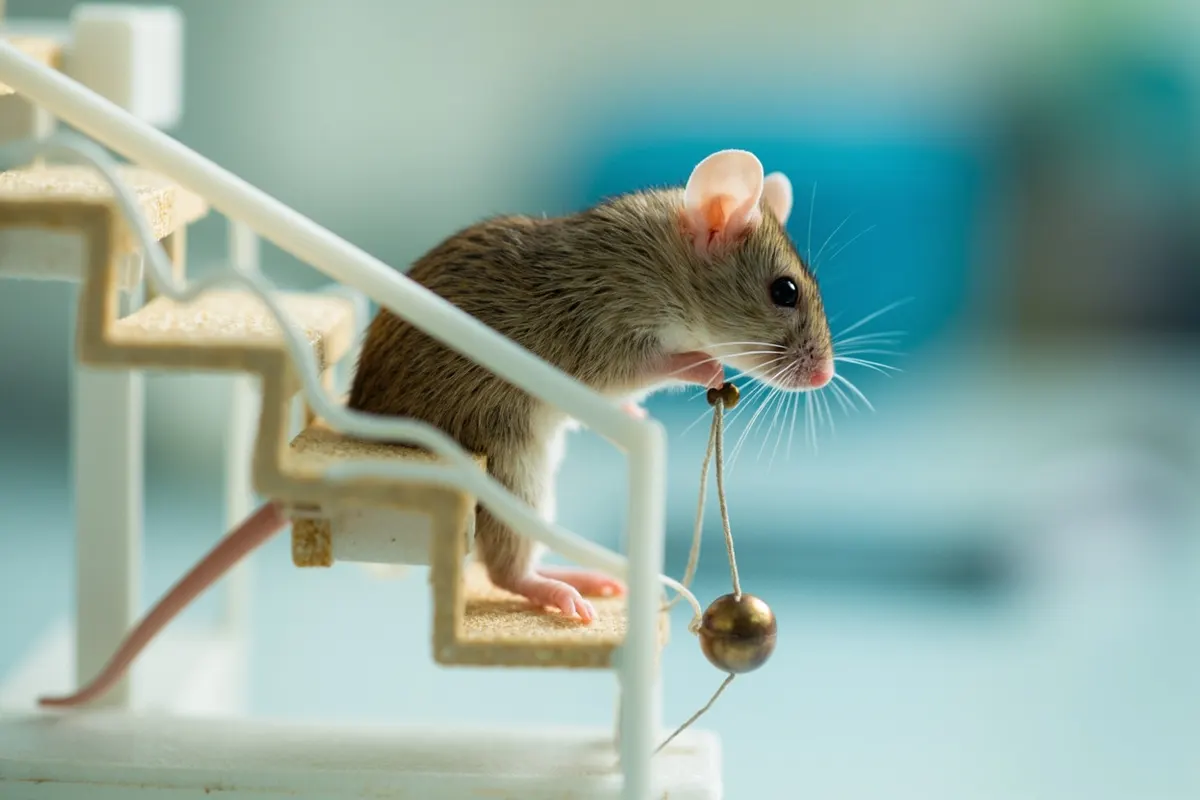 Ratón de laboratorio subiendo una escalera con un peso atado a la cola