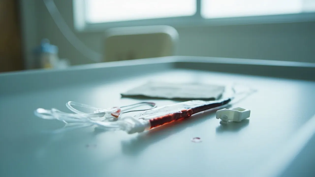 Kit de recolección de sangre de cordón umbilical sobre una bandeja clínica, con bolsa que contiene sangre oscura y una pinza