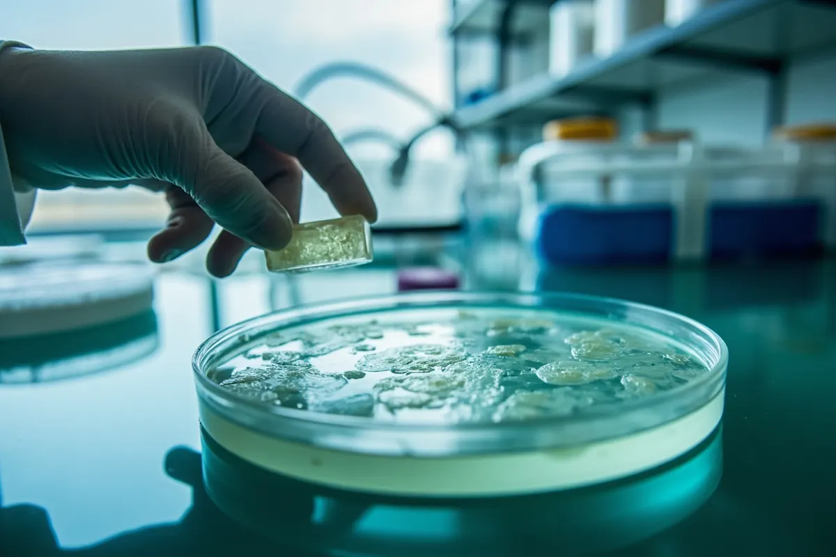 Investigadora sostiene una placa de Petri con calvas de bacteriófagos