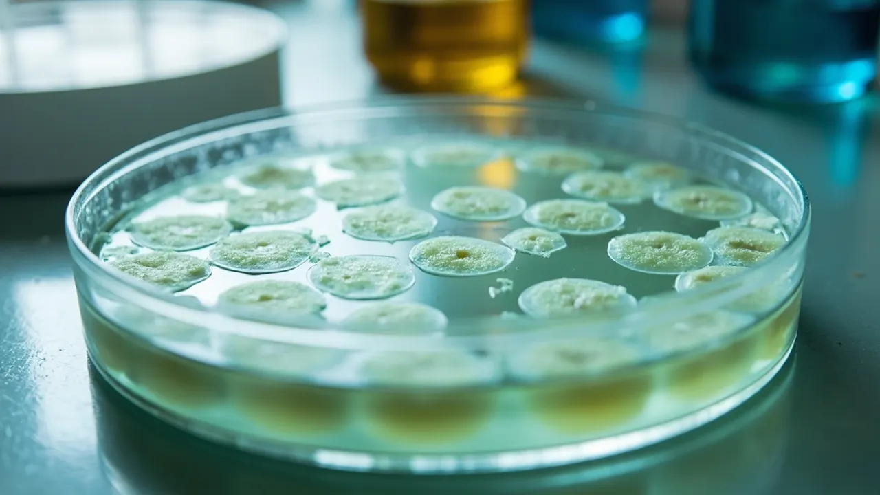 Placa de Petri con calvas de bacteriófagos en un cultivo bacteriano