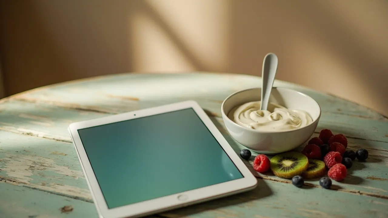 Una pastilla blanca junto a un bol de yogur con frambuesas, arándanos y kiwi, sobre una mesa de madera.