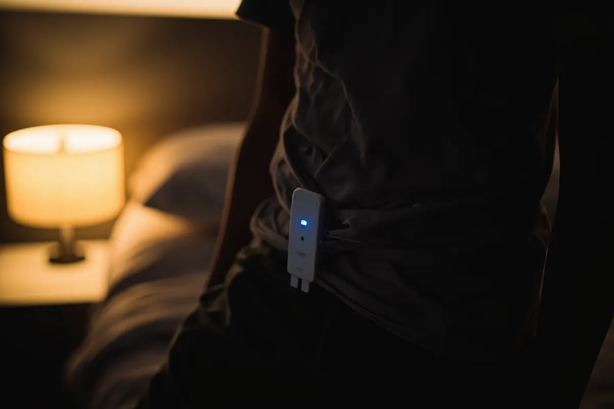 Dispositivo portátil U-RHYTHM sujeto a la cintura con un fino tubo bajo la ropa, que muestrea hormonas cada 20 minutos durante 24 horas.