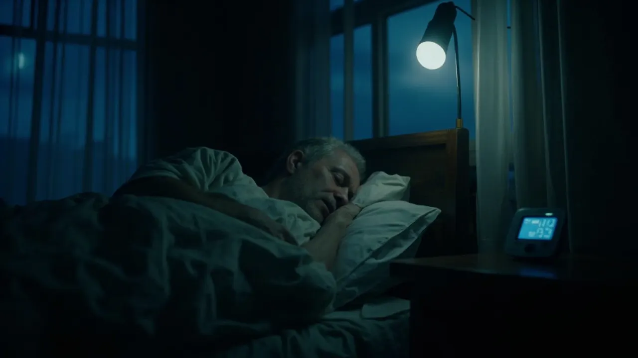 Persona durmiendo en su cama con un tensiómetro digital en la mesita bajo luz tenue de la noche
