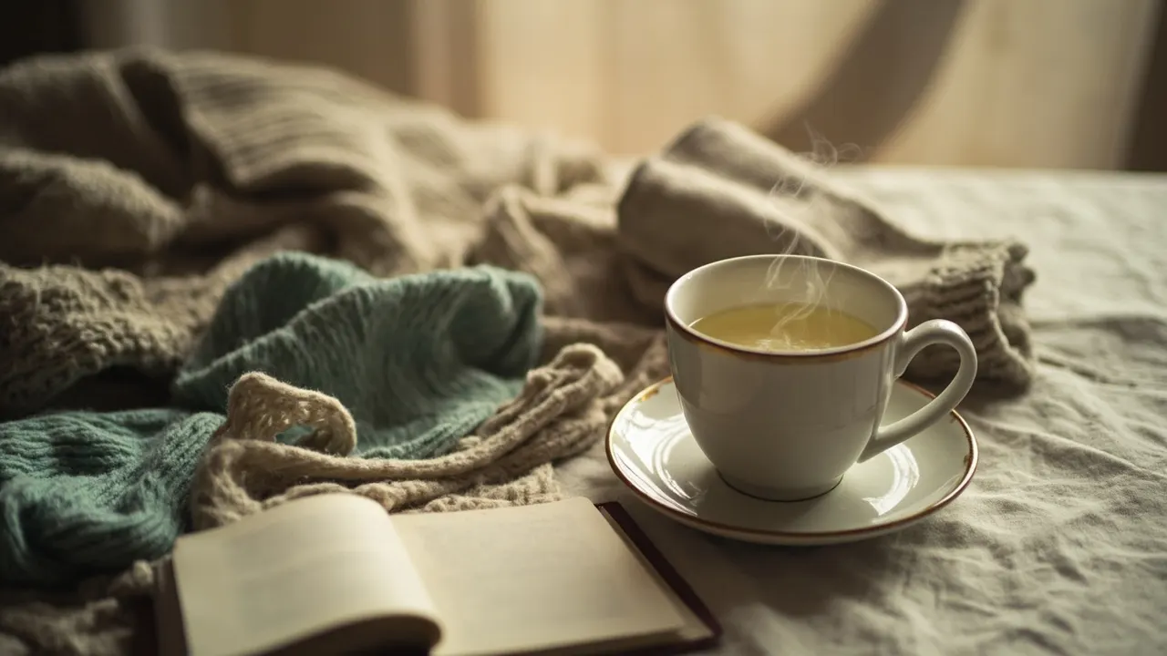 Taza humeante sobre una mesa con un jersey de lana doblado, luz suave de invierno.