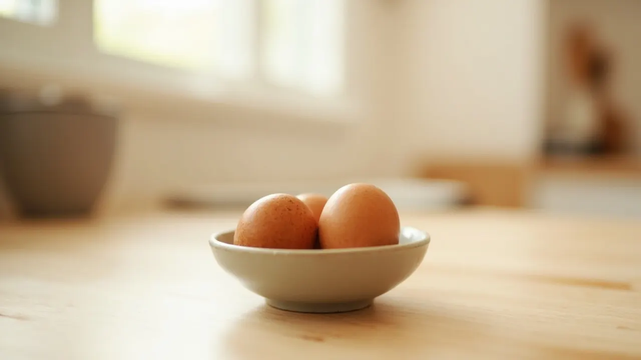 Huevos de gallina en un cuenco sobre una encimera de madera clara