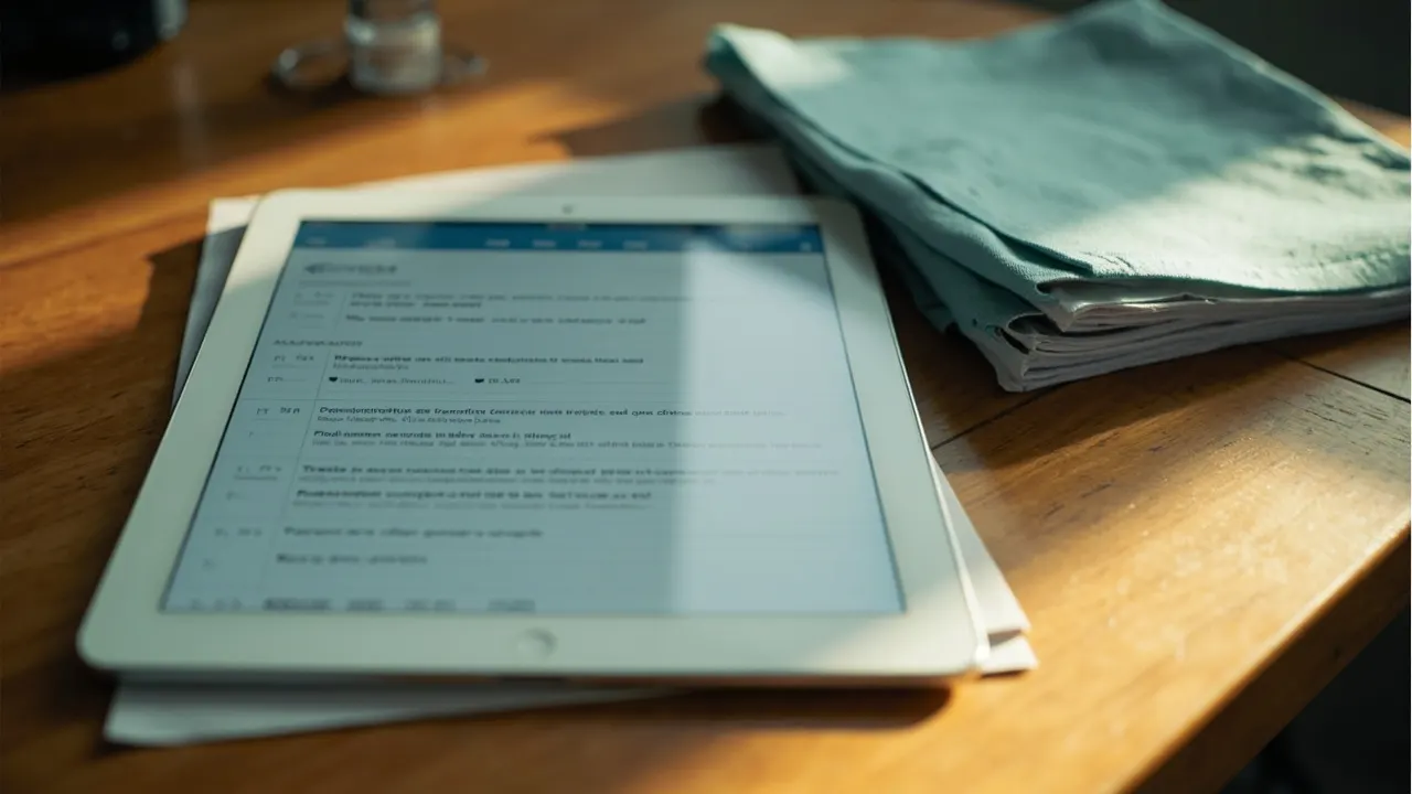 Tableta digital con notas clínicas y un pequeño taco de informes impresos sobre una mesa de madera con un paño turquesa.