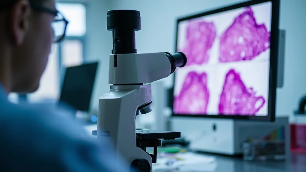 Microscopio y pantalla con imágenes digitalizadas de tejido mamario en un laboratorio de patología