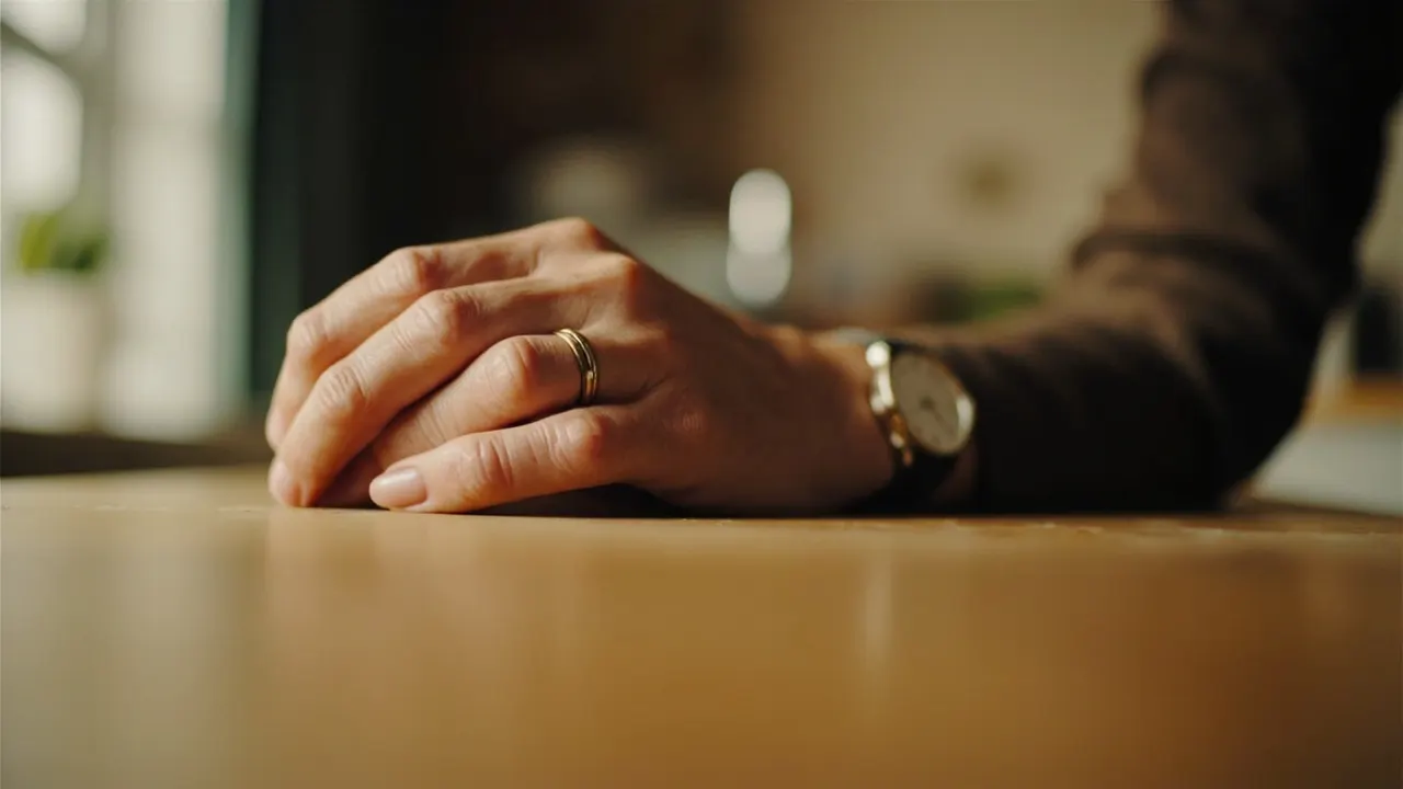 Manos de una anciana en la mesa de su cocina, con un reloj de pulsera visible y luz matinal