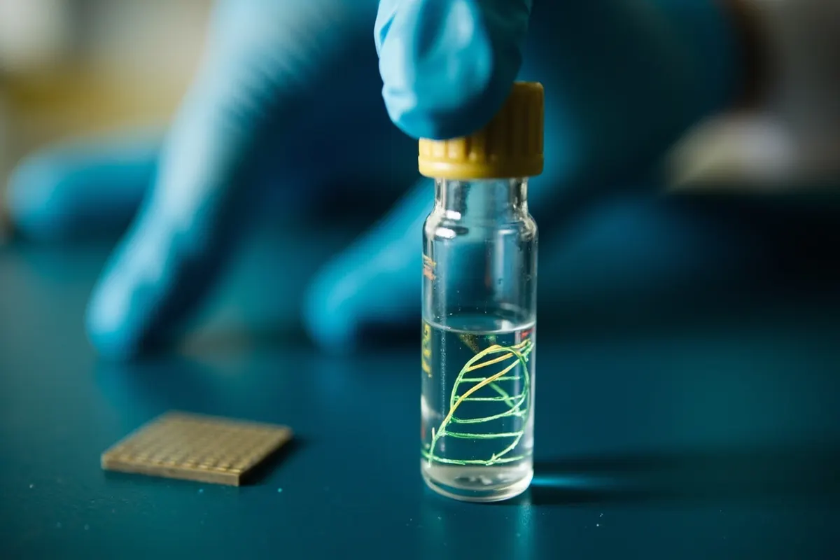 Vial transparente con una hélice de ADN sobre un chip de secuenciación