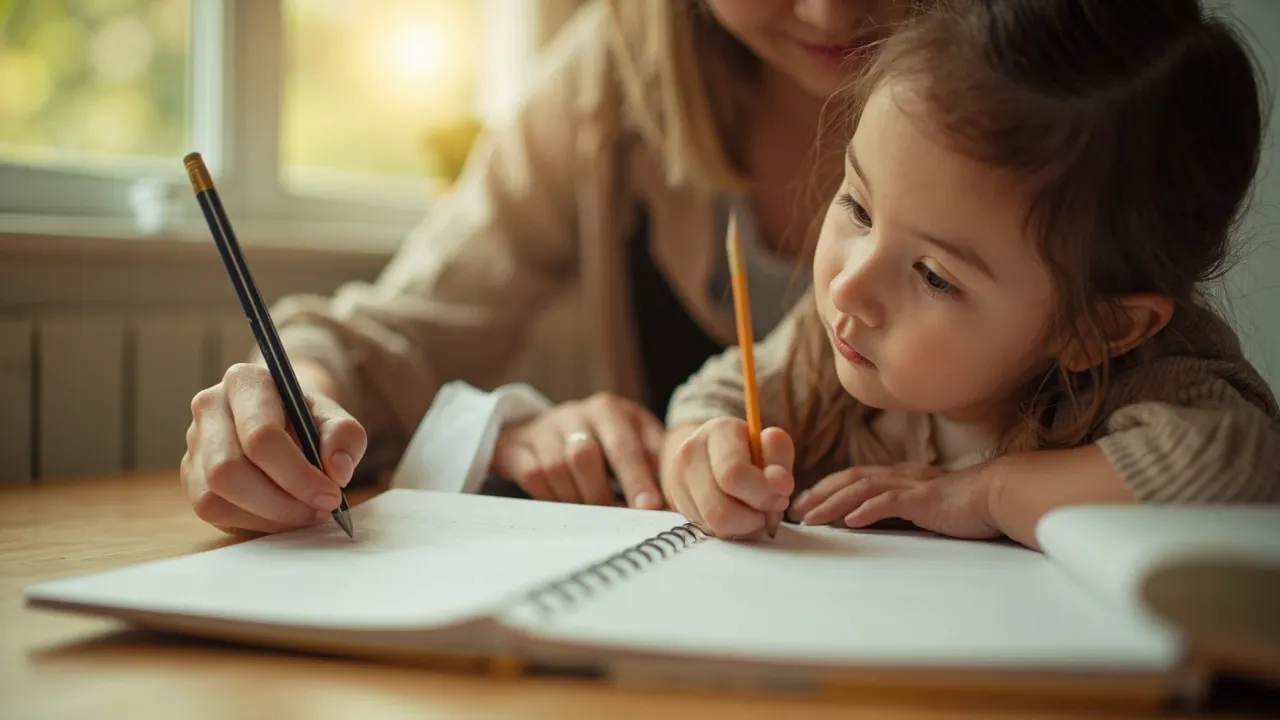 Manos adultas guiando las de una niña al escribir en un cuaderno, luz cálida.