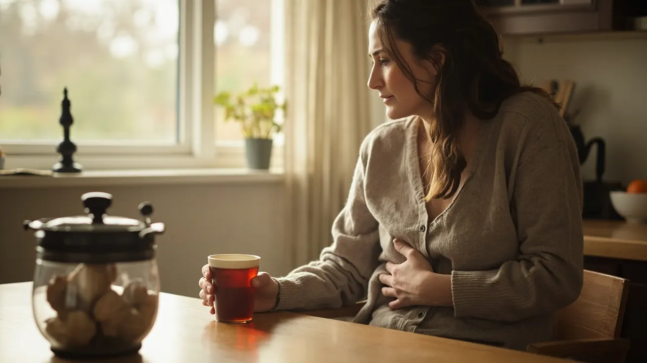 Mujer en cocina con mano sobre el abdomen sosteniendo una taza de infusión caliente.