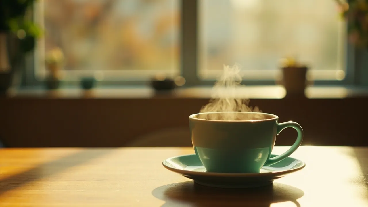 Taza de café negra humeante sobre una mesa de madera con luz suave de ventana por la mañana.