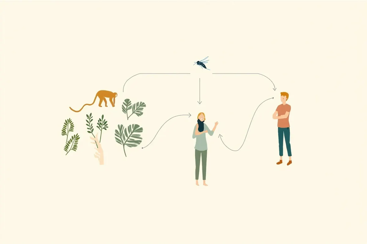 Esquema del ciclo de transmisión de la malaria knowlesi entre macaco, mosquito del género Anopheles y ser humano