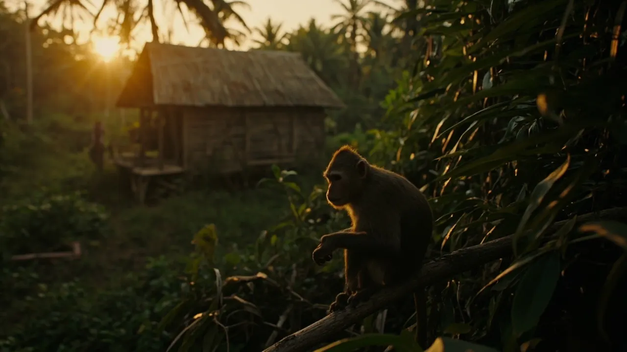 Macaco de cola larga sentado en una rama al borde de la selva tropical de Borneo al atardecer