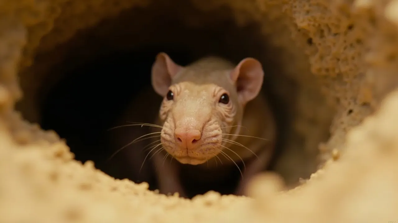 Rata topo desnuda asomando por su madriguera subterránea con luz cálida y tierra beige.