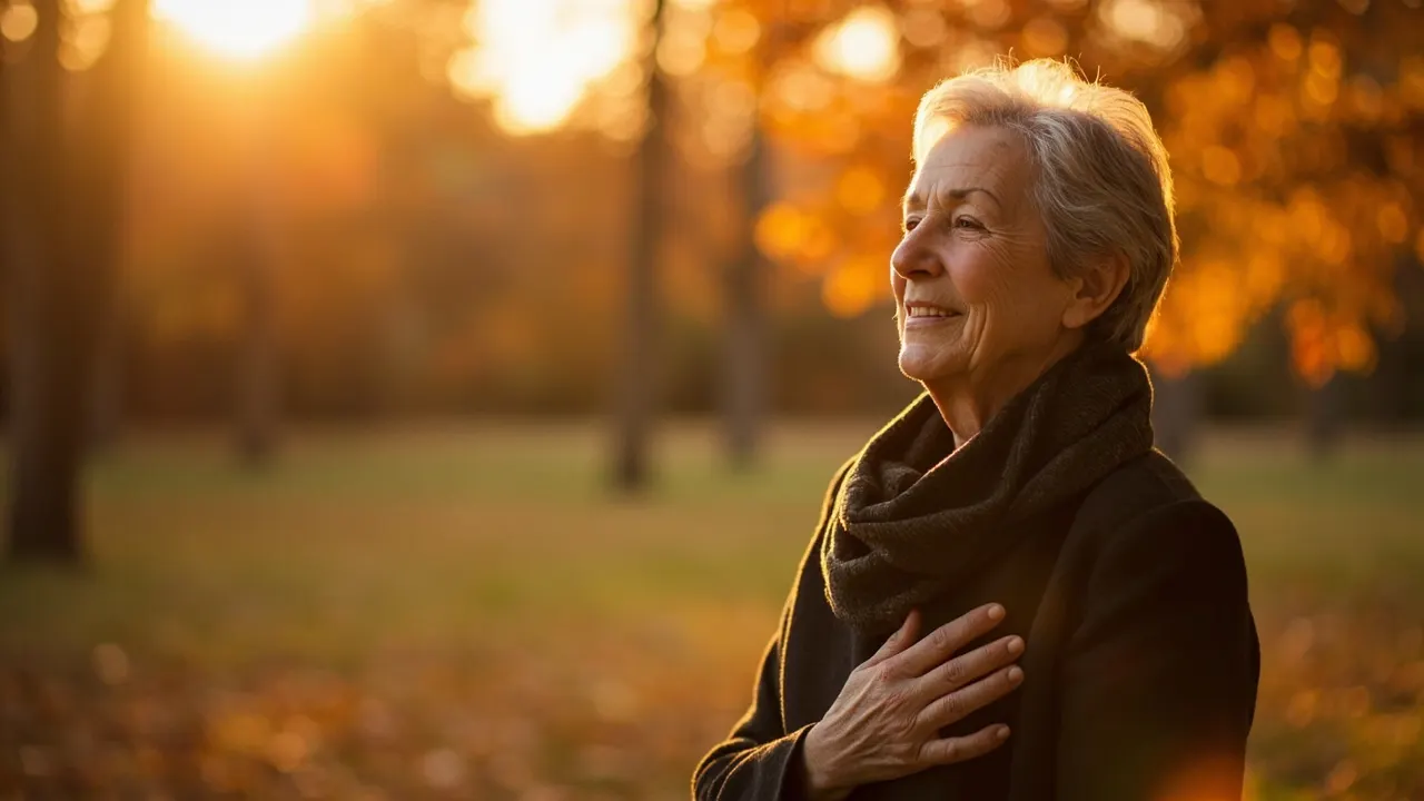 Mujer respira profundamente en un parque otoñal iluminado por luz dorada del atardecer.