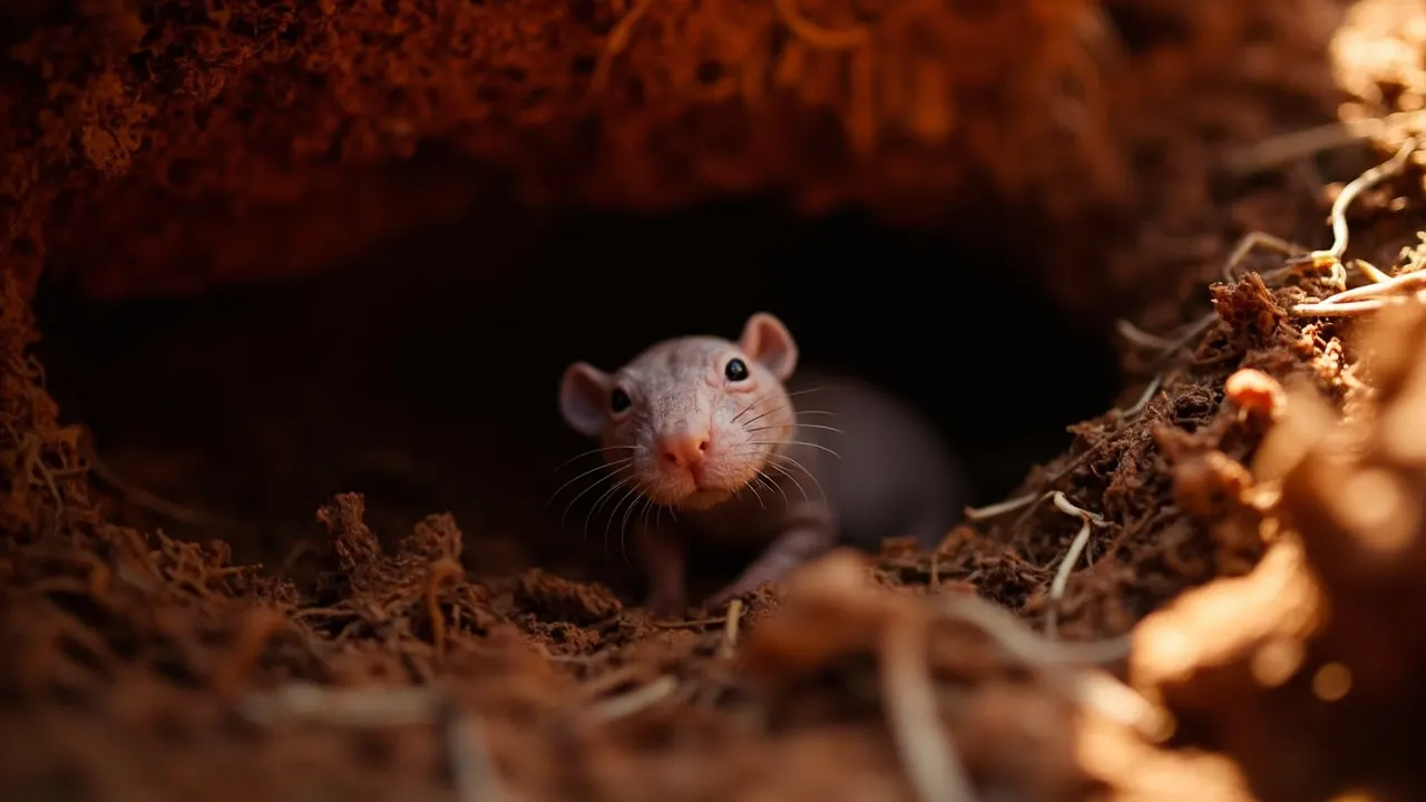 Primer plano de una rata topo desnuda asomando entre la tierra de su madriguera
