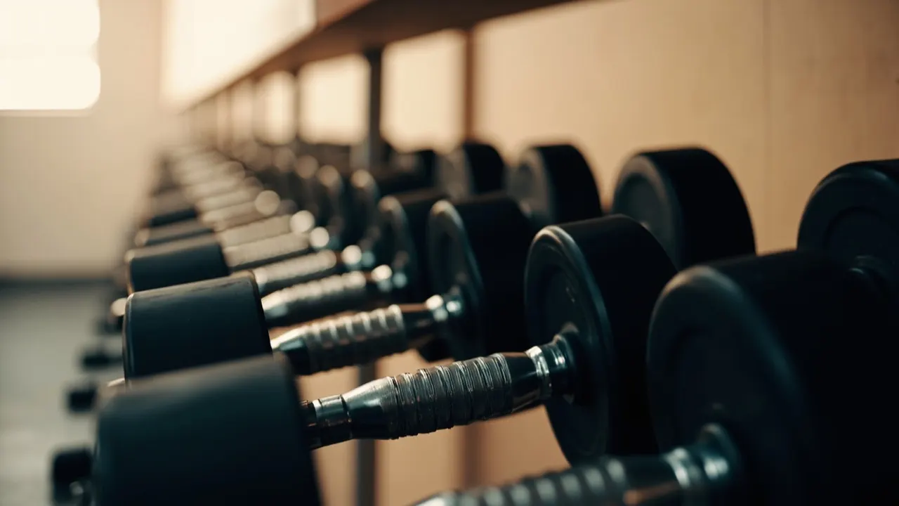 Rack de mancuernas en un gimnasio limpio iluminado por luz lateral, sin personas.